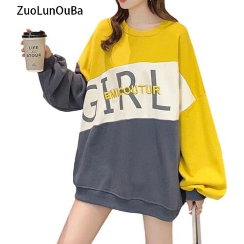 ZuoLunOuBa Spring Autumn Thin Style Woman Hoody Stitching Embroidery Letters Female Sweatshirt Loose Long Sleeve Wild Pullover