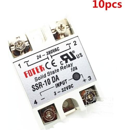 10PCS SSR10DA SSR-10DA Manufacturer 10A SSR Single phase solid state relay,input 3-32VDC output 24-380VAC
