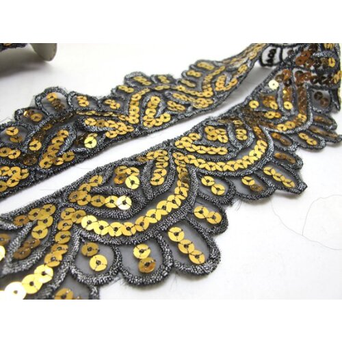 2 3/16 Inches Gold and Black Sequined and Thread Edged Embroidered Ribbon Trim|Beaded Embroidered Trim|Craft Supplies