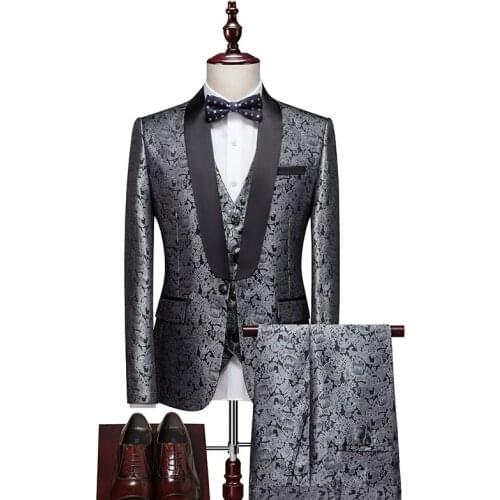 2021 New Luxury Brand Jacquard Printed Men Suit Slim Fit Groom Wedding Tuxedo Party Male Suits Royal Gray S-5xl