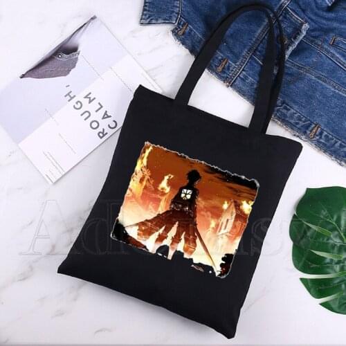 Attack on Titan Women Handbags Canvas Tote Shopping Bags Reusable Shopping Bag Eco Foldable Black
