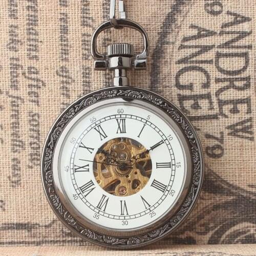 10pcs/lot Steampunk Antique Black Skeleton Mechanical Pocket Watch Roman Dial No Cover Women Pocket Watches Gift Watches