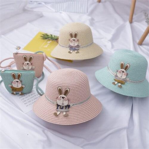 Kawaii Kids Hat Children Girl Summer Sunscreen Sunshade Hat With rabbit Straw Beach Sun Hat & Straw Bag панама 2021 Caps
