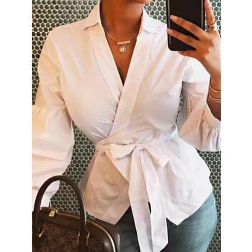 Elegant OL Women Blouses Celmia Long Lantern Sleeve Peplum Tops 2021 Autumn Sexy V-neck Belted Casual Work Ladies Shirts S-5XL