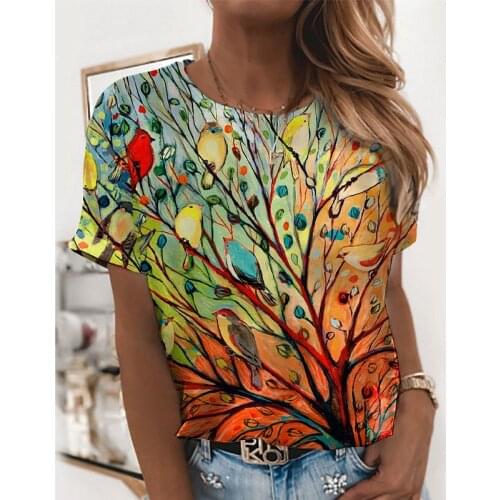 Women 3D Birds Twitter and Fragrance of Flowers Print T-shirts Oil Painting T Shirt Girls Summer Tee Casual Clothing Top 100-6XL