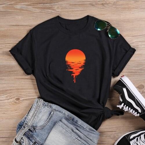 Sunset Fashion T-shirt Women Summer Cotton T Shirt Women Harajuku O-neck Ladies Top Tee Shirt Femme Black & White