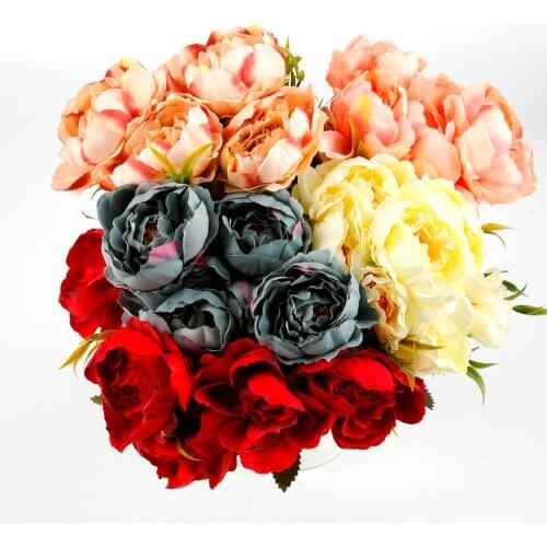 28cm Rose Pink Silk Bouquet Peony Artificial Flowers 6 Big Heads 4 Small Bud Bride Wedding Home Decoration Fake Flowers Faux