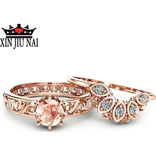 2 piece set / fashion rose gold openwork pattern ladies ring inlaid zircon CZ crown party jewelry gift female ring