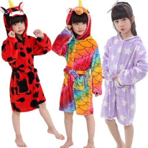 Cosplay Animal Bathrobe For Girls Kids Unicorn Flannel Beach Towel Sleepwear Kigurumi Cartoon Warm Children Clothes Pajamas