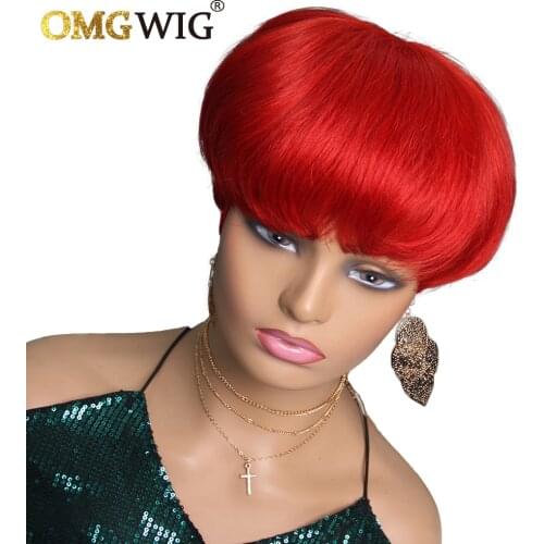Red Piexie Cut Wig For Women Brazilian Remy Human Hair Wigs With Bangs Straight Wavy Bob No Lace Frontal Short Wig Free Shipping