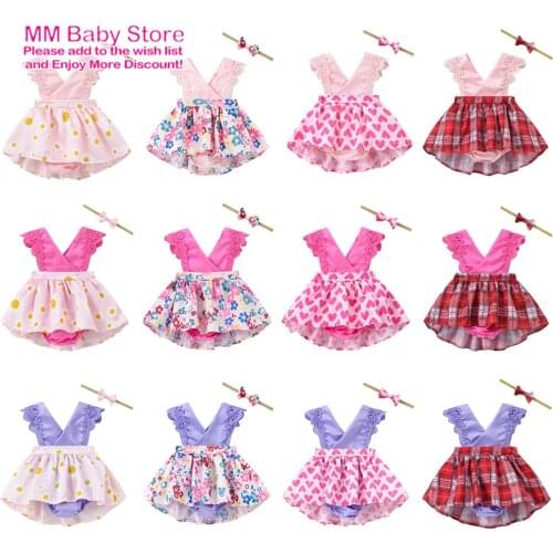 Summer Baby Clothing New Childrens Girl Dress Sleeveless Heart Print V-Neck Lace Short Dress Casual Skirt And Hairband