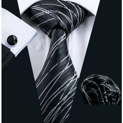 LS-1171 Barry.Wang Mens Tie Black Novelty 100% Silk Fashion Gravata Tie Hanky Cufflinks Set For Men Formal Wedding Party Groom