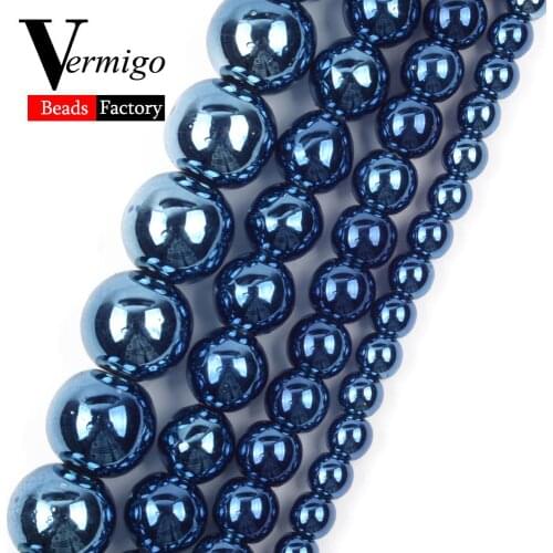 Natural Mineral Stone Plating Blue Hematite Beads For Jewelry Making 3 4 6 8 10mm Round Loose Beads Diy Handmade Bracelets 15"