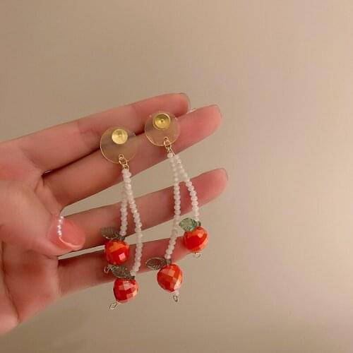 Origin Summer Cute Handmade Red Crystal Cherry Dangle Drop Earrings for Women Korean White Color Beaded Fruit Hanging Earrings