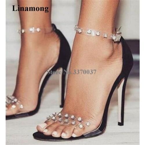 Luxurious Open Toe PVC Straps Rhinestone Stiletto Heel Sandals Ankle Strap Buckle Crystal Stud High Heel Sandals Wedding Heels