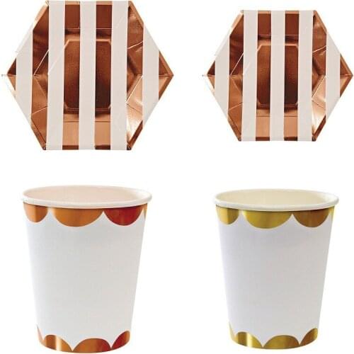Rose Gold Silver Gold Foil Stripe Paper Disposable Tableware, Plates Cups Napkins Scallop Cup,Birthday Party Wedding Decoration