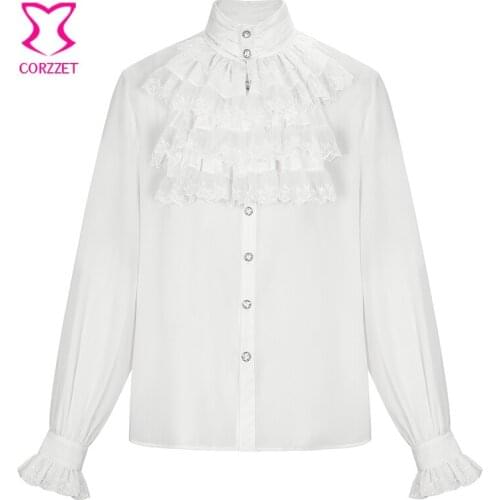 White Chiffon&Lace Layered Ruffles Stand Collar Lantern Sleeve Victorian Shirt Men Medieval Costume Vintage Gothic Clothing 6XL