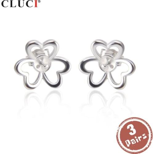 CLICI 3 pair 925 Sterling Silver Clover Earrings for Women Jewelry Silver 925 Pearl Earrings Mounting Stud Earrings SE076SB