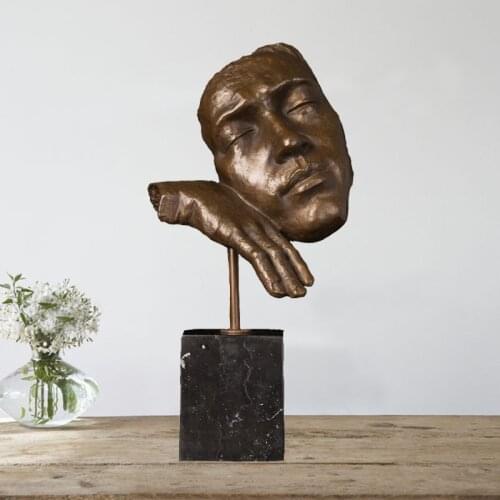 Ivorique DS-708 Abstract Statue Human Face Sculpture Bronze Thinking Man Head Bronze Figurine Vintage Metal Art Home Decoration
