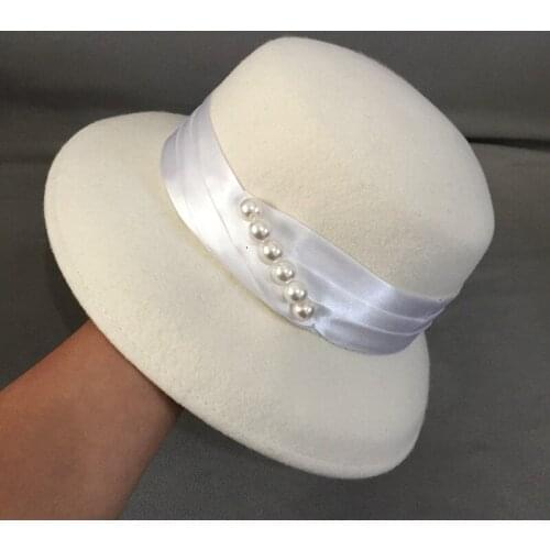 1920s Vintage Style Warm Women Winter Hat Pearls Band Ivory Wool Felt Cloche Bowler Hat Crushable Lady Wedding Church Fedora Hat