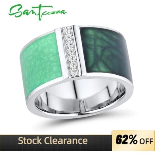SANTUZZA Silver Rings For Women Genuine 925 Sterling Silver Green Geometric Sparkling CZ Trendy Fine Jewelry Handmade Enamel