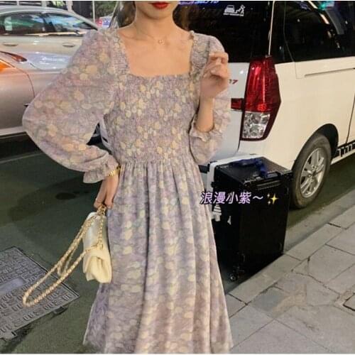 Bella 2021 Elastic Waist Summer Print Dress Sweet Floral Mid-length Slim Chiffon Dress Female Casual Korean Beach Party Dress
