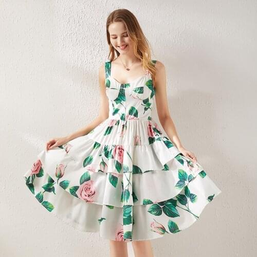 Runway Summer Rose Flower Chiffon Holiday Dress Women Sexy Spaghetti Strap Floral Print Backless Boho Midi Dress With Padded Cup