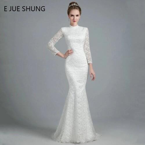 E JUE SHUNG White Vintage Thick Lace Mermaid Wedding Dresses 2019 High Neck Long Sleeves Wedding Gowns robe de mariee