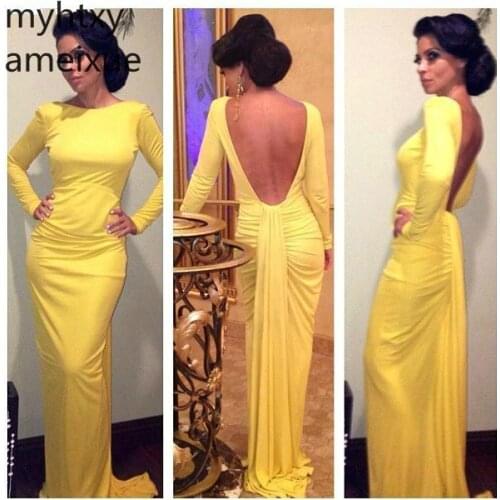 2021 New African Mermaid Sexy Evening Dress Yellow Long Sleeves Backless Prom Party Gown Custom Made Plus Size Robe De Soiree