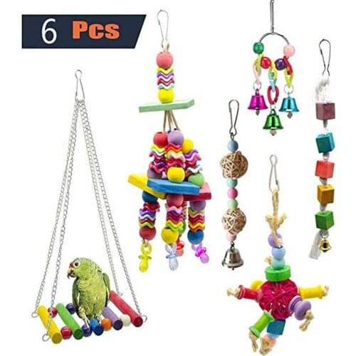 6PCS Parrot Toys Set Bird Cage House Toys Swing Chewing Training Toys for Budgie African Grey Canary Starling Pet Supplies