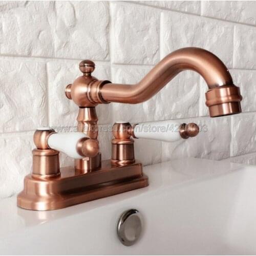 Antique Red Copper 2 Holes Bathroom Basin Faucet Swivel Spout Sink Faucet Double Handle Vessel Sink Water Tap Mixer Krg048