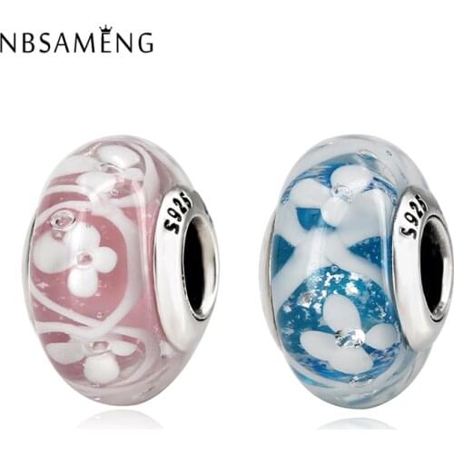 Authentic 925 Sterling Silver Blue/Pink/Purple Bloom Murano Glass Beads Fit Original Charm Bracelet Bangle DIY Jewelry