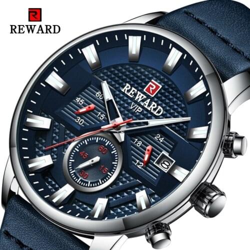 REWARD 2020 Fashion Quartz Watches Men 3 Small Dial Luminous Hands Dark Blue Leather Strap Calendar Relogio Masculino De Luxo