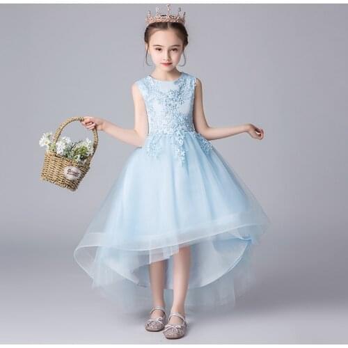 Flower Girl Dresses Illusion O-Neck Sleeveless Embroidery Pearls Knee-Length Princess Tulle Lace Luxury Blue Kid Party Gown H658