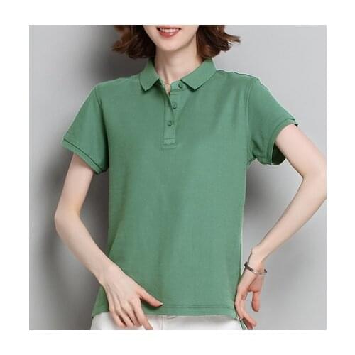 HAN Lapel short-sleeved T-shirt womens summer new loose large size solid color pure cotton POLO shirt sports top all-match thin