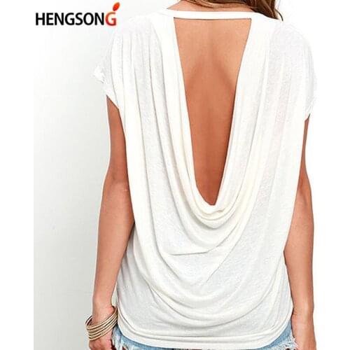 New Fashion Open Back T Shirt Women Casual Short Sleeve TShirt Summer Women Clothing Loose Backless Women O-neck Tops Tees