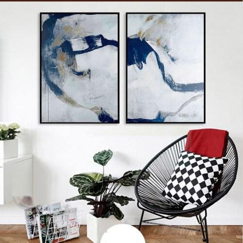 Nordic Blue Lines Abstract Painting Minimalist Living Room Double Combination Hotel Entrance Hallway Stairs Bedroom Hand Paintin