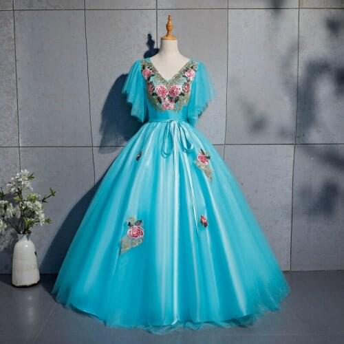 Lake blue butterfly sleeve embroidery ball gown Medieval Renaissance Gown queen cos Victorian dress /Antoinette/ Belle ball