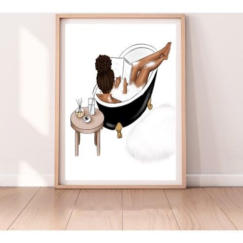 Me Time Girl Take Shower Art Bathroom Canvas Painting African American Fashion Nordic Poster Wall Pictures for Living Room Decor