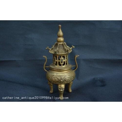 Collectable Old Qing Dynasty Copper tower incense burner ,with carving&mark,Handmade crafts,collection& adornment