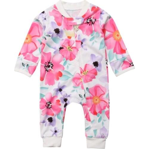 Toddler Newborn Baby Girl Floral Zipper Cotton Romper Jumpsuit Outfit Clothes Pink Flower Print Baby Jumpsuit