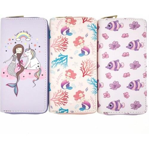 KANDRA Womens Long Wallets Cartoon Mermaid Prints PU Leather Card Holder Kawaii Animal Pattern Female Zipper Coin Purse Bags