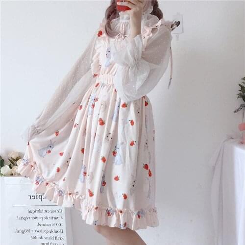 Summer Dresses for Girls Bunny Printed A-Line Midi Dress Kawaii Dresses Lolita Costume