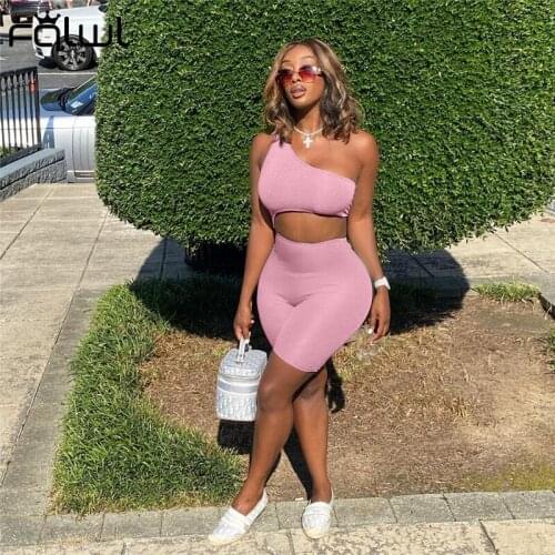 FQLWL Summer Outfits Streetwear Bodycon Pink One Shoulder Rompers Women Backless Hollow Out Women Casual Short Jumpsuits 2021