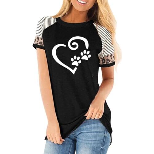 Never Walk Alone Dog Paw Bulldog Mom Fashion Clothe Printed Summer Women striped leopard Tee Tops