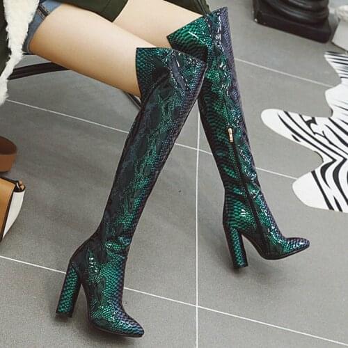 Fashion Winter Womens Knee Boots Super High Heel Pointed Toe Womens Shoes Female Snake Pattern Spring Autumn Zipper Boots