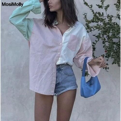 MosiMolly Color Block Cotton Blouses Shirt Tops Women Pockets Oversize Blouses Summer Female Blusas