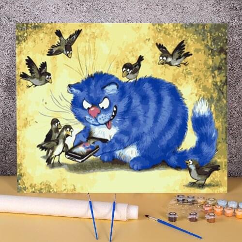 Cartoon Blue White Cat DIY Painting By Numbers Set Acrylic Paints 40*50 Oil Painting Handmade For Handiwork