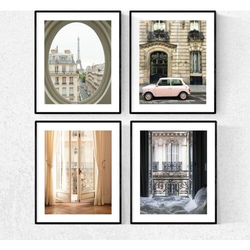 Pink Car Poster Paris Tower Window Picture Nordic Canvas Painting for Living Room Girl Bedroom Wall Art Print Fashion Home Decor