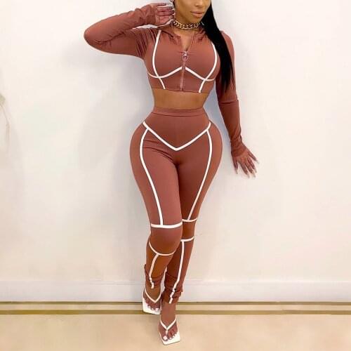 Sexy Two Pieces Sets Club Outfits Skinny Coffee Patchwork Hooded Blouse & Pencil Pants Fashion Evening Night Party Club Wear Set